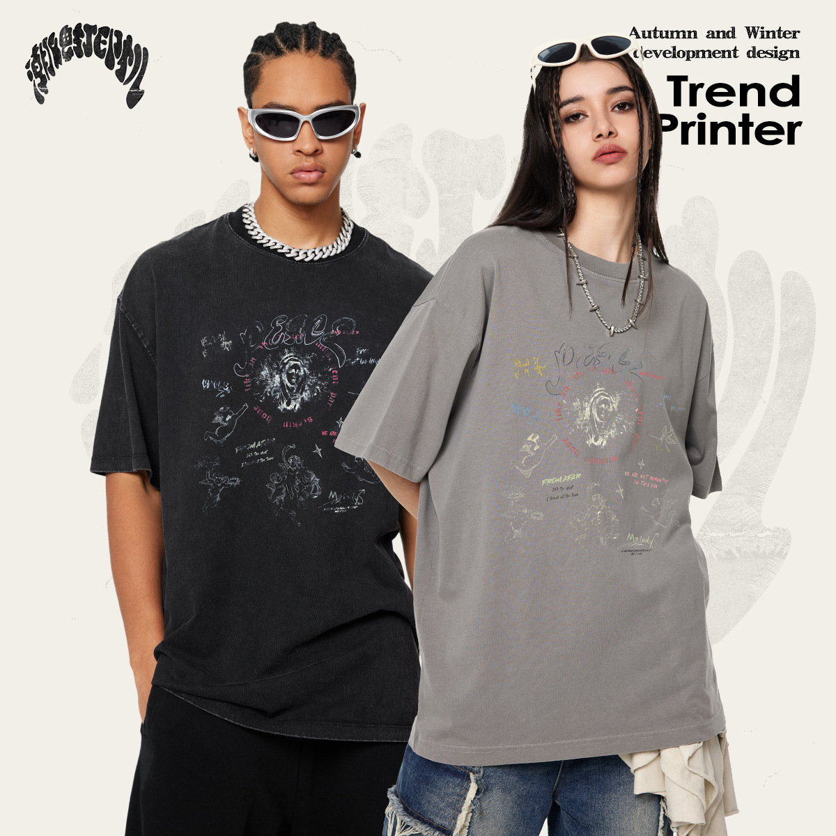2025 primavera y verano retro marca de moda vintage lavado ángel impresión de cuello redondo pareja camiseta de calle de manga corta moda masculina