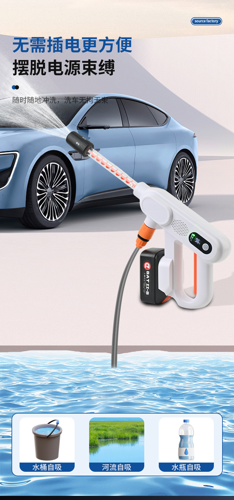 Cross-border wireless high-pressure car wash water gun, lithium battery-powered, household high-power car washer, portable flower watering tool