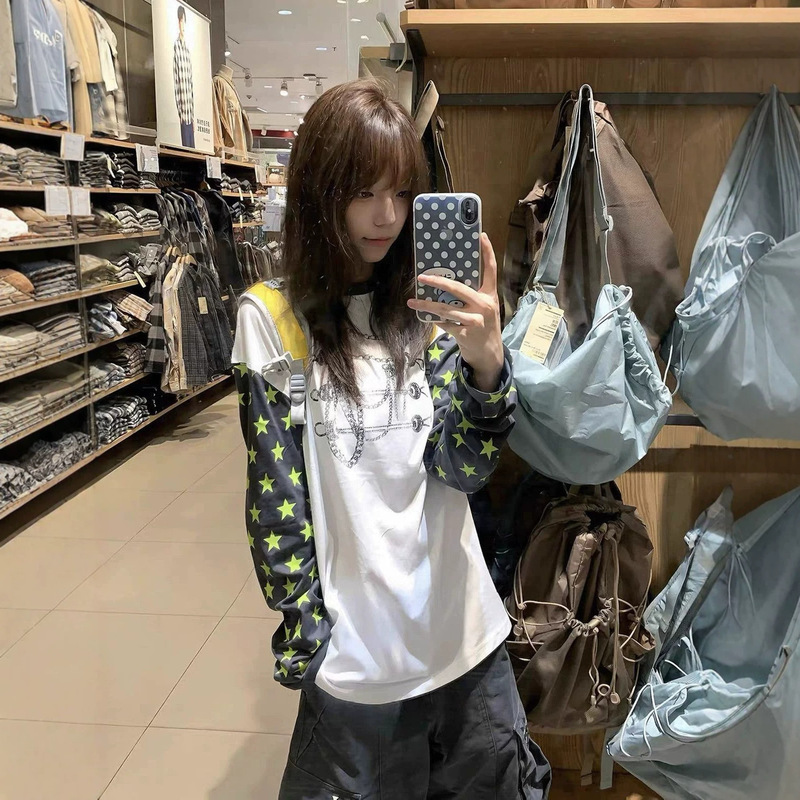 American retro five-pointed star color-blocked printed long-sleeve t-shirt for women, autumn 2026 new trendy brand loose-fitting couple's top