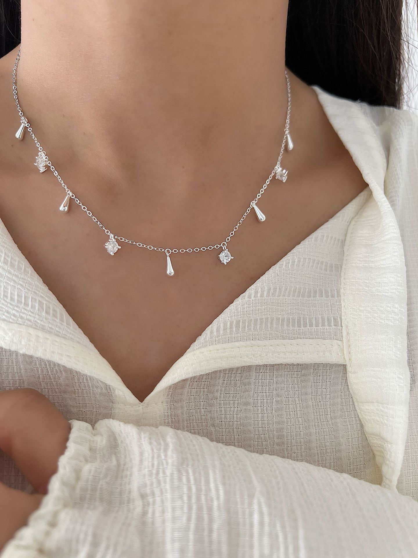 925 sterling silver Chain Material 925 Sterling Silver Zircon Round Water Droplets Necklace
