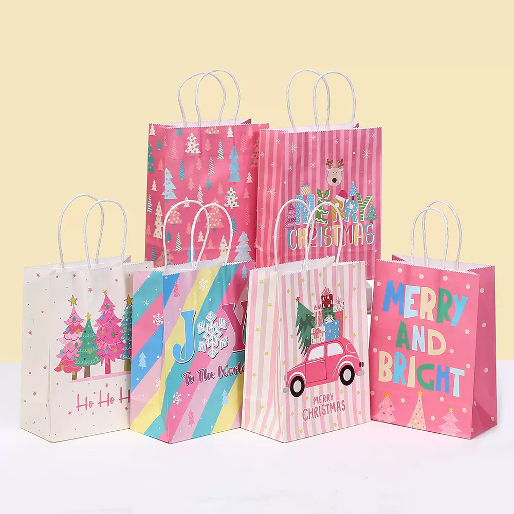 粉色圣诞礼品袋派对礼物包装袋印花购物袋节日购物袋牛皮纸袋批发