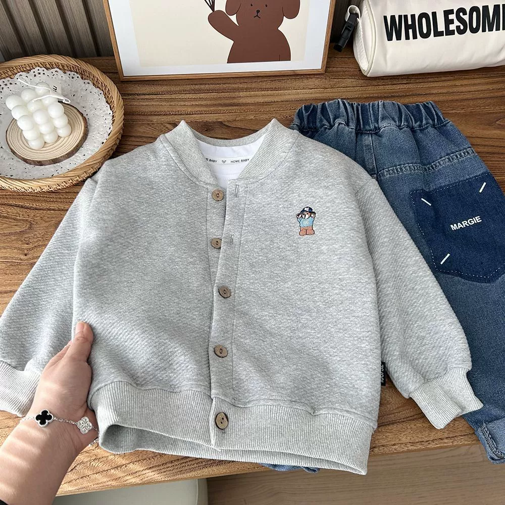 Пиджак базовый oversize для детей (корейский стиль), унисекс кардиган, осень, хаки/серый, размеры 80–130 см