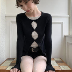 秋季新款纯欲风辣妹纯棉短款长袖t恤女修身显瘦设计感假两件上衣