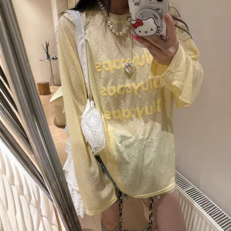 [Factory Ready Stock] Tencel Rib Korean Style Letter Foam Printed Loose Long-Sleeved T-Shirt Women's Summer Thin Top