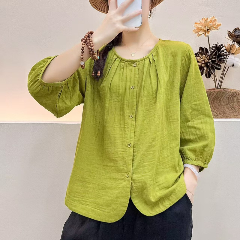 Real Shot of Pure Color Double-Layer Gauze Cotton Round Neck Shirt for Women in Autum, Simple and Comfortable Shirt, Loose and Versatile Cardigan Top for Women