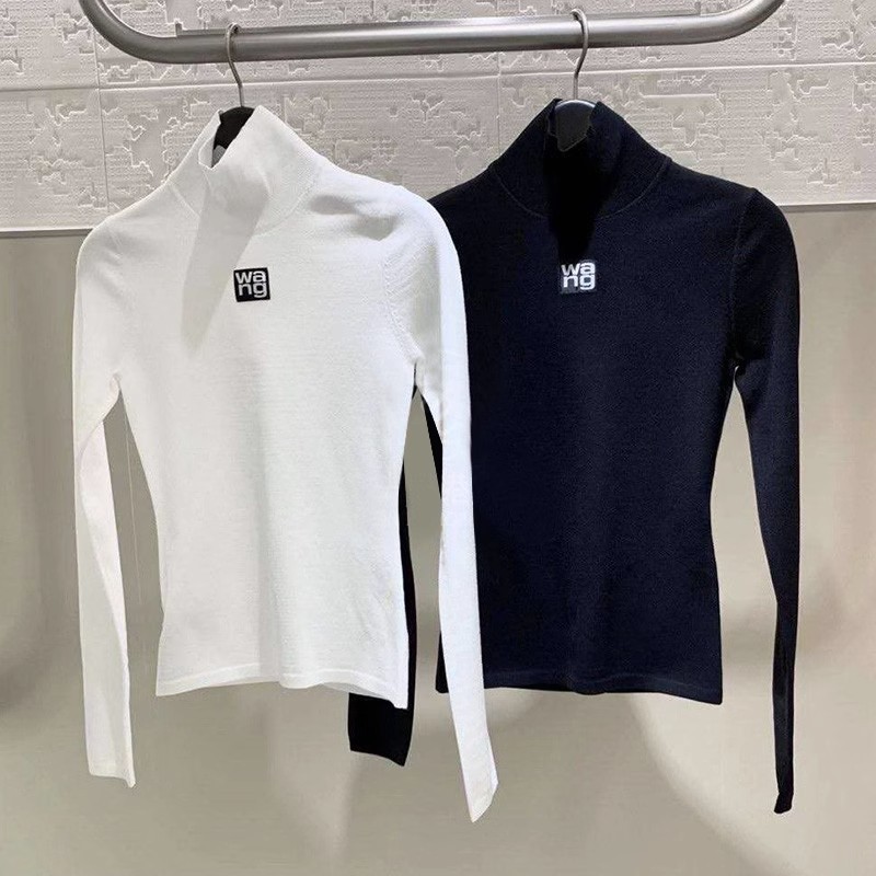 2024 가을, 겨울 하프 하이 라운드 넥 긴 소매 니트 탑 슬림 피트 레터 바닥 셔츠 탑 절묘한