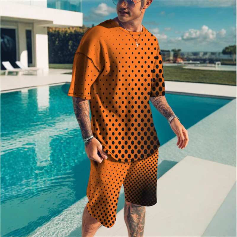 2025 하와이 휴가 남성용 리본 그라데이션 반팔 정장 3DT 셔츠 비치 바지 정장 캐주얼하고 편안합니다.