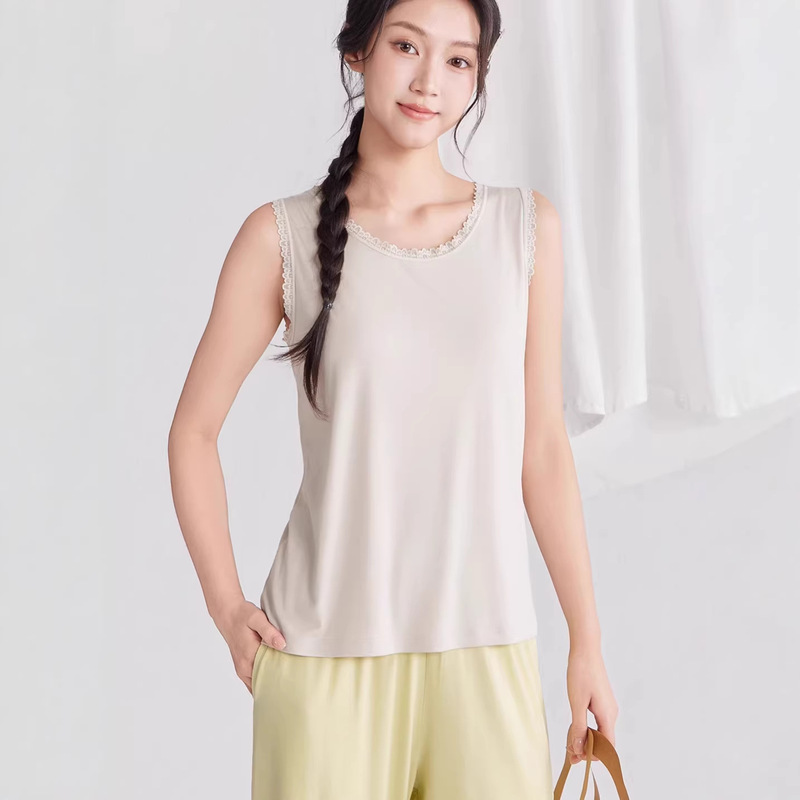 80-Count Modal Spring/Summer Oversized Plus-Size Women's Tank Top, Suitable for Layering or Wearing Alone, with Lace Trim, Sleeveless, Versatile