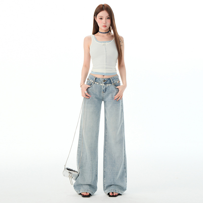 light blue Jeans Women's 2025 Summer New Straight Low Waist Slimming All-match Small Narrow Wide Leg Pants