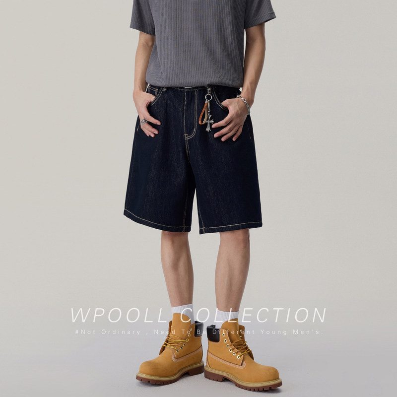 American retro denim shorts for men, summer loose straight five-point pants, trendy, versatile, breathable, comfortable, and cool American retro denim shorts for men, summer loose straight five-point pants, trendy, versatile, breathable, comfortable, and cool