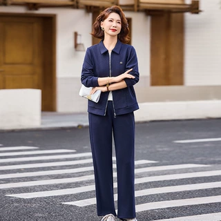 中老年女装翻领拉链开衫2026新款春秋装两件套国风大码妈妈装套装