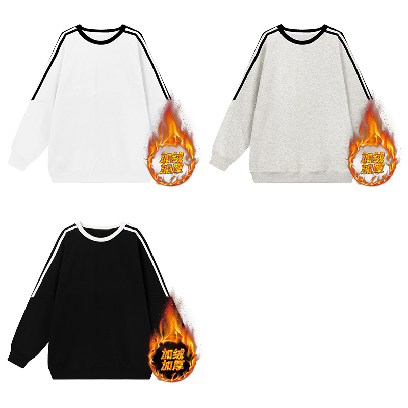 秋冬韩式上衣定制情侣装纯棉银狐绒潮牌三条杆条纹加绒圆领卫衣潮