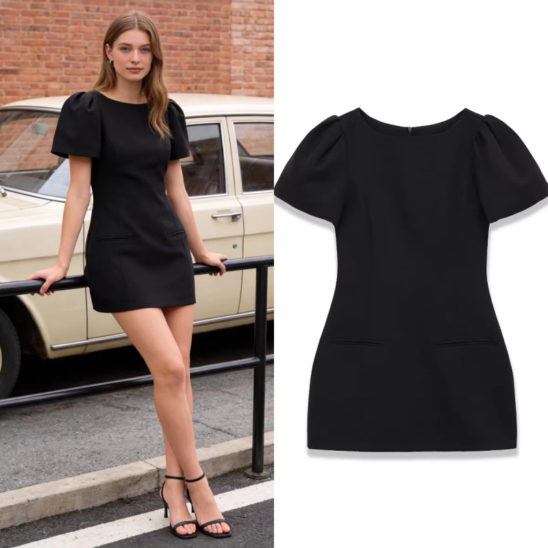 Za Foreign Trade Cross-Border Wholesale European and American Style Women's Summer Fashion Short-Sleeve Pleated Pocket Dress