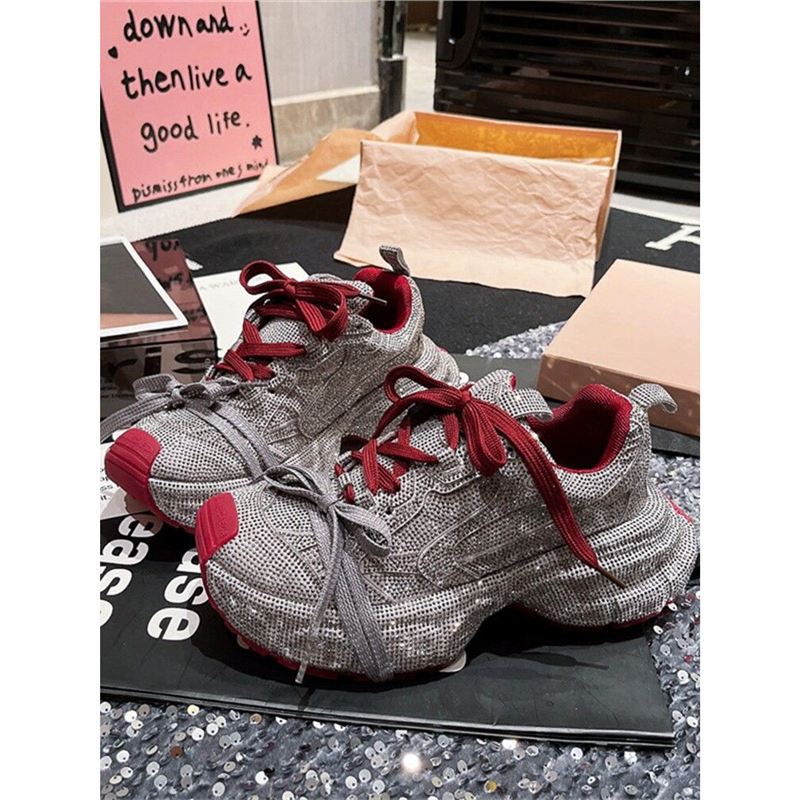 Trendy Women's Dad Sneakers with Rhinestones, Lace-Up Casual Shoes, White Dad Shoes, Niche Design, Stylish Women's Shoes