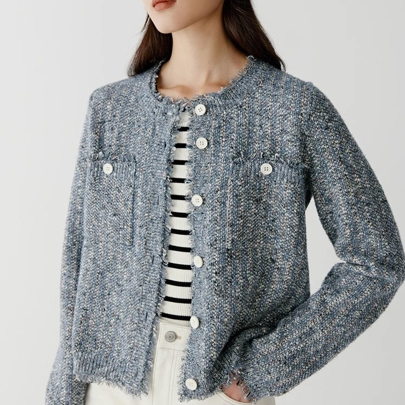 Winter new women's long cardigan coat cotton blend fancy yarn tweed round neck cardigan top