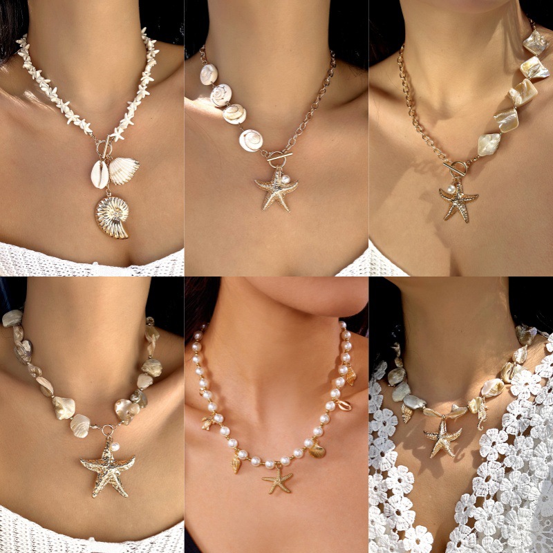 European and American Cross-border Holiday Summer Starfish Shell Necklace Fashion Beach Personality Conch Pearl Ladies Necklace