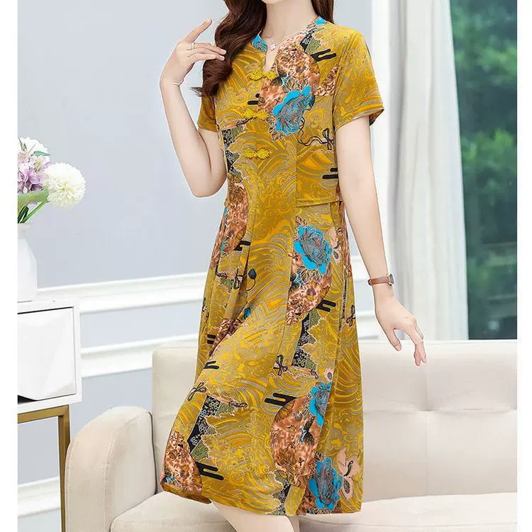 2025夏季中长款妈妈连衣裙复古大摆裙中年宽松大码短袖旗袍裙子潮