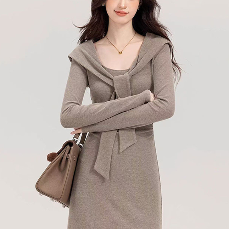 French Style Lazy Style Design Sense Long-sleeved dress Women's Spring and Autumn New High-end Sense Tight Waist Hip Long Skirt