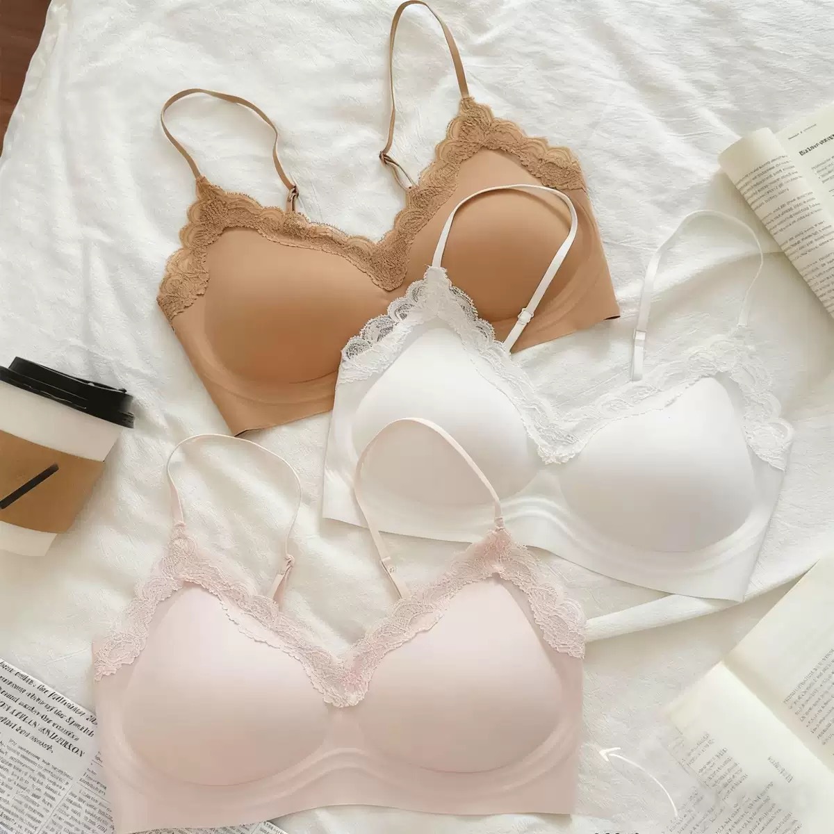Nuevo lujo ligero sin anillo de acero ropa interior damas sujetador de encaje francés borde cómodo juntar barras de gelatina sujetador de soporte suave image 5