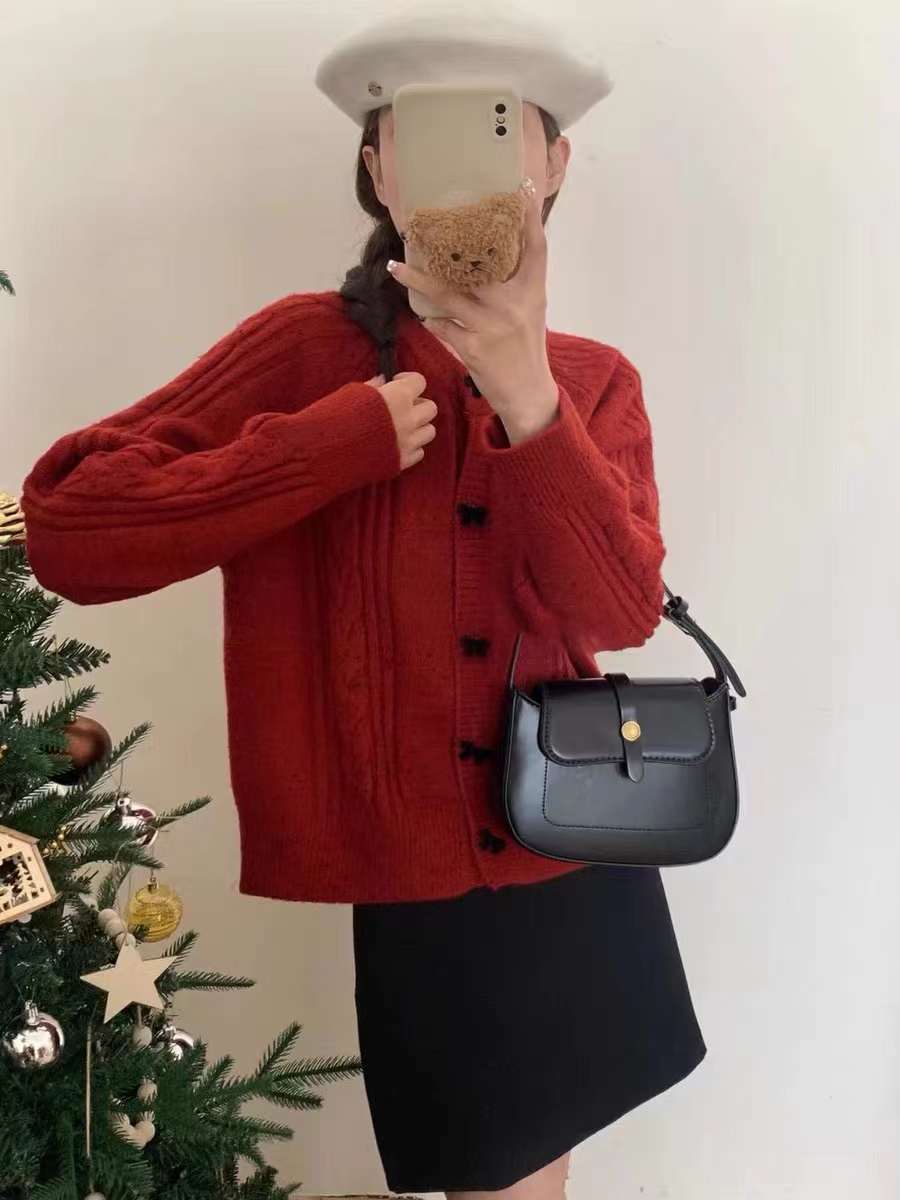 24 Dongpuyuan suave arco de estilo coreano abrigo de punto de diseño femenino sensación pequeña
