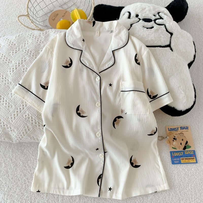 Nube de algodón pijama de mujer impresión de dibujos animados suelta adelgazamiento conjunto de dos piezas de verano nuevo gran pareja dormitorio ropa para el hogar