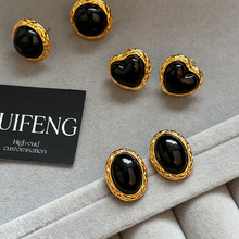 S925银针黑玛瑙几何形耳环复古小巧简约气质耳钉女真金电镀耳饰品