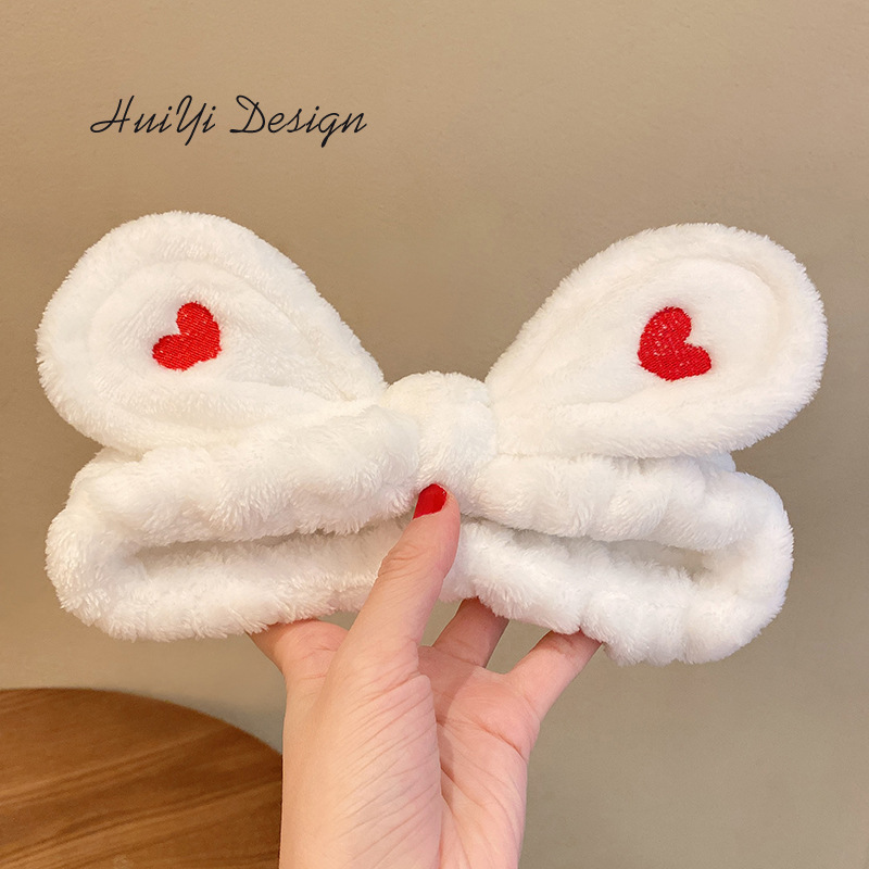 蝴蝶結髮帶 女生可愛刺繡化妝洗臉束髮帶髮飾韓版毛絨卡通發箍