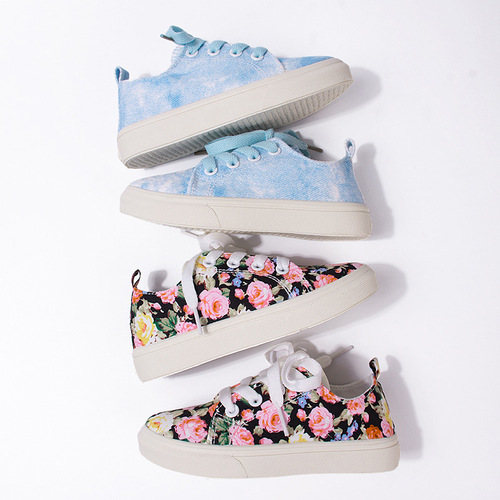 Spring Cute Floral Lace-Up Canvas Shoes Leisure Soft Soles for Big Kids and Toddlers