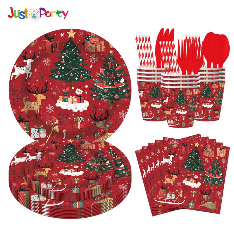 Christmas Themed Christmas Tree Elk Disposable Plates Paper Plates Paper Cups Paper Towels Scene Decoration Party Supplies