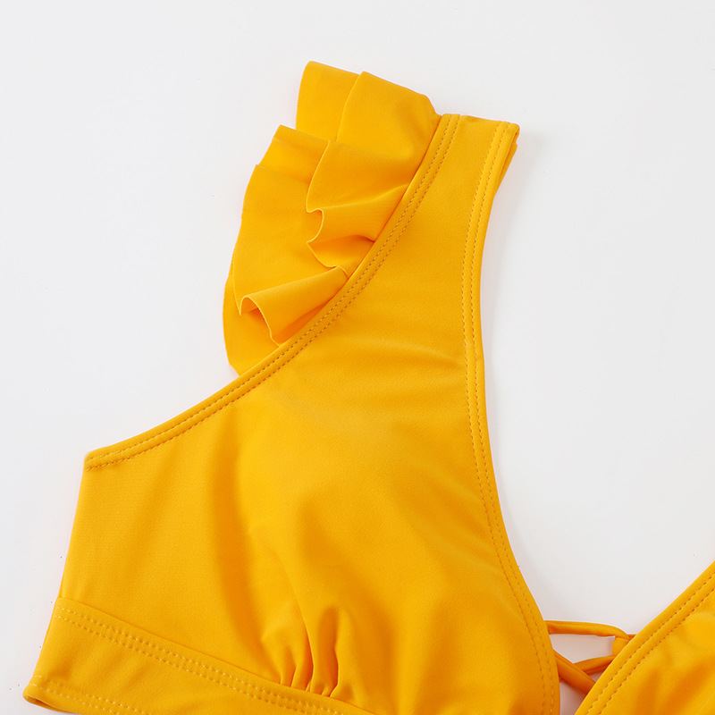 Solid Color Top Ruffle Printed High Waist Pantie Bikini Sexy Swimwear display picture 3