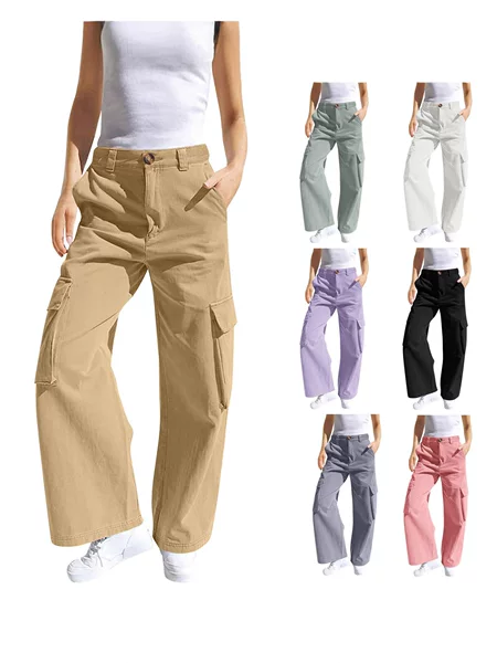 (4-15 Years Old) Solid Color Casual Outdoor Sports Elastic Waistband Pocket Cargo Pants for Middle-Aged and Older Boys and Girls