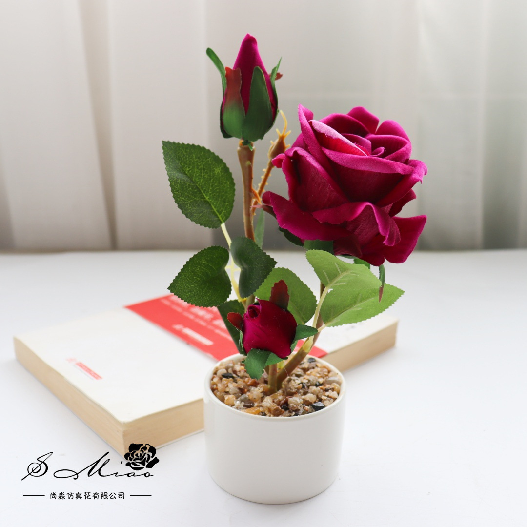 Flores falsas de terciopelo de alta calidad rosa pequeña flor de bonsai decoración de moda creativa plantación verde artificial imitación maceta