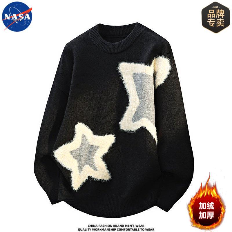 Nasa Brand High-Quality Star Crew Neck Sweater for Men, Autumn and Winter Fleece-Lined Warm Knit Pullover Top Trendy