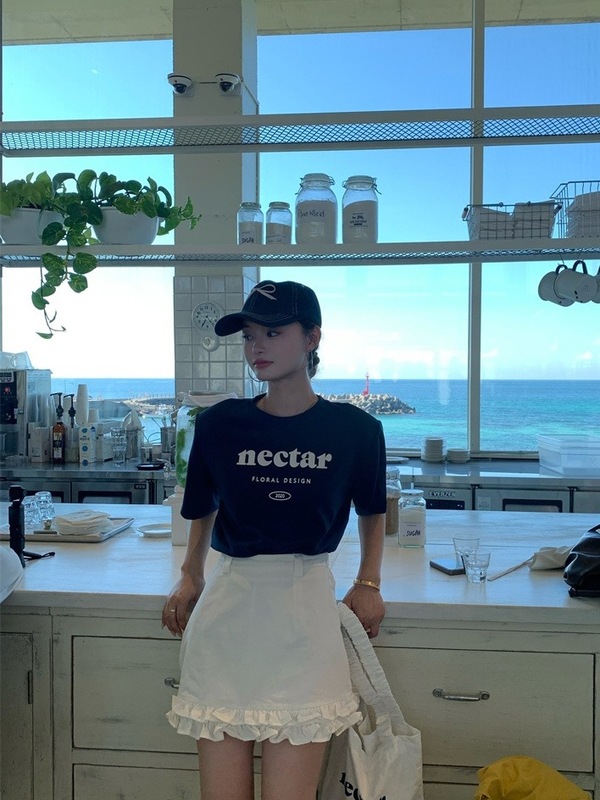 美式休闲运动风时尚套装女夏季2025新款圆领短袖显瘦半身裙两件套|undefined