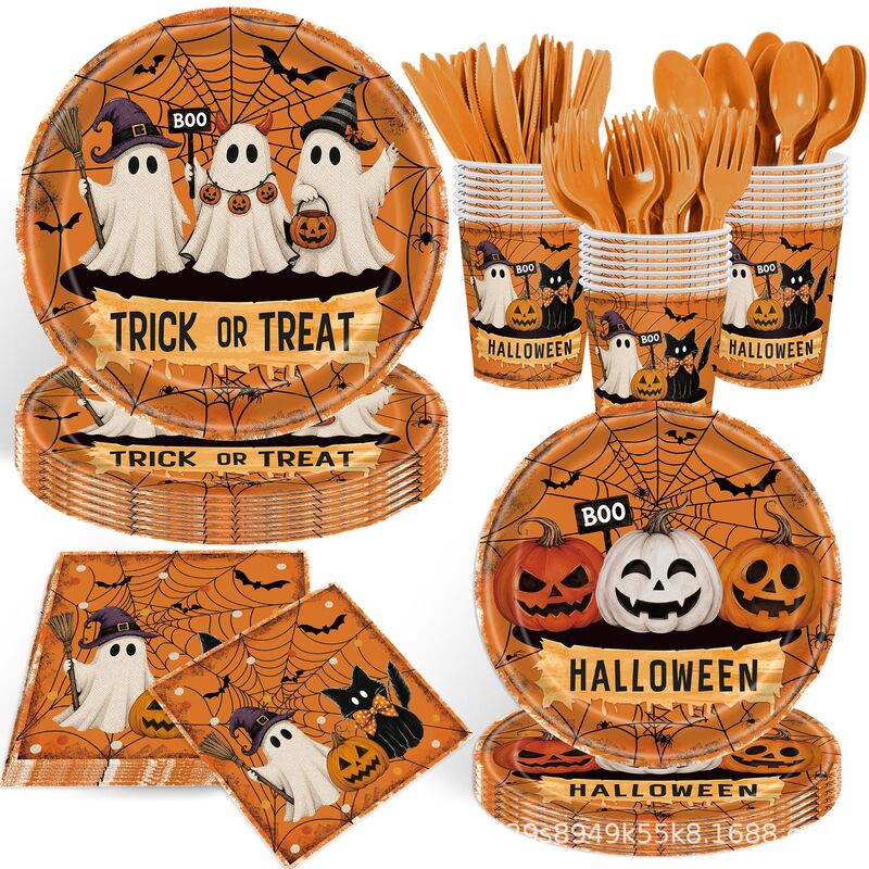 New Retro Childlike Halloween Party Tableware Set Ghost Black Cat Disposable Plates Table Decoration Atmosphere New Retro Childlike Halloween Party Tableware Set Ghost Black Cat Disposable Plates Table Decoration Atmosphere