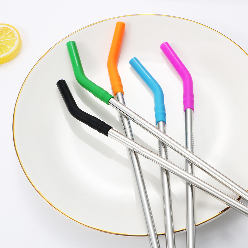 Cross-border Amazon 304 stainless steel straw with scratch-resistant silicone mouth, milk tea beverage metal silicone combo straw