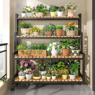 Living Room Floor-standing Multi-layer Flower Shelf Balcony Outdoor 2024 New Style Flower Rack Movable Storage Rack with Wheels Ladder