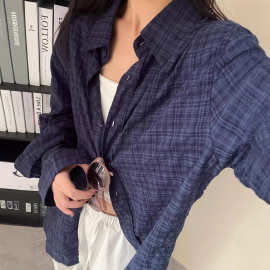 美式复古藏蓝色格子衬衫女春秋设计感百搭长袖衬衣慵懒风开衫上衣