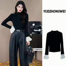 黑色半高领喇叭袖加绒打底衫女秋冬季高级感修身内搭长袖T恤上衣