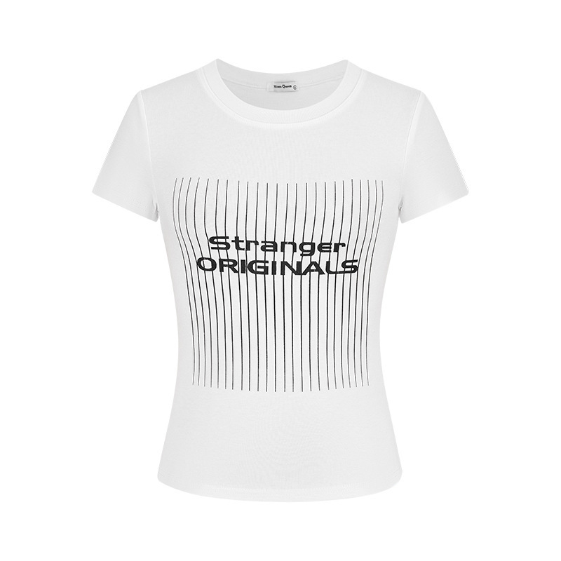 MosesQueen/モーゼスクイーン アメリカンレトロプリント半袖レディース2025夏右肩スリムホットガールTシャツ|undefined