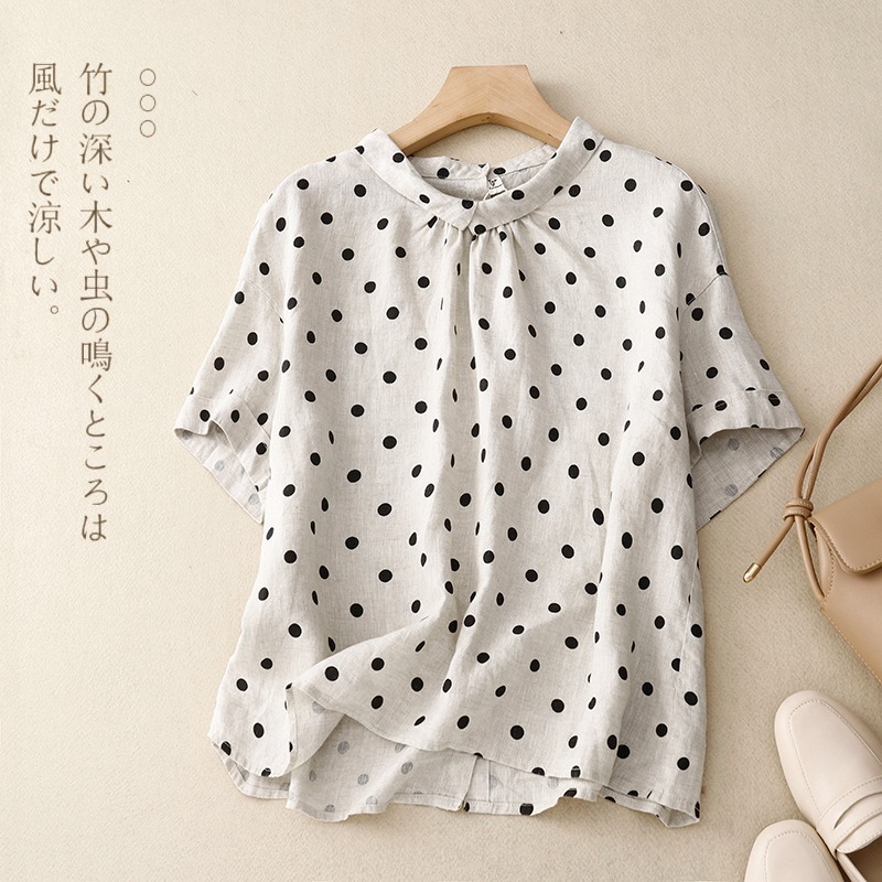 日系复古波点棉麻衬衫女夏季时髦洋气减龄设计感小众亚麻小衫上衣