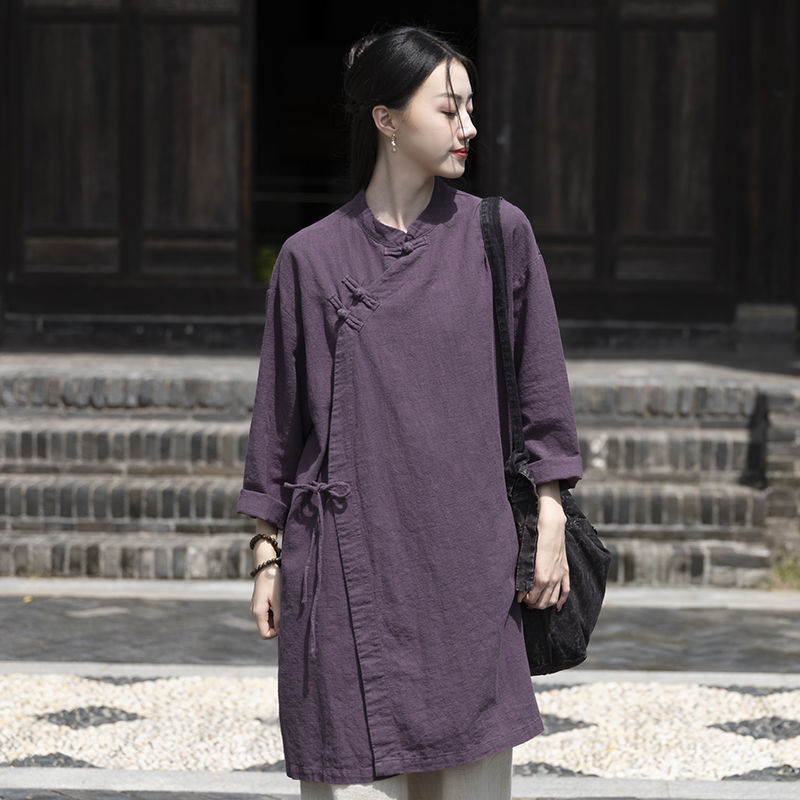 禅意风女装棉衬衫女春秋新款中长款打坐服棉麻新中式上衣女