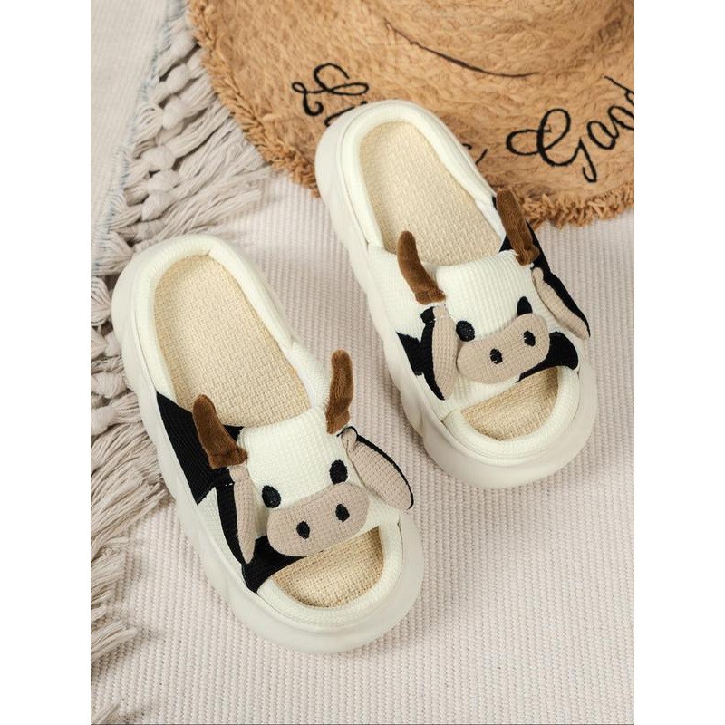 J 88857 Cow Print Linen Home Slippers Cow Print Linen Slippers
