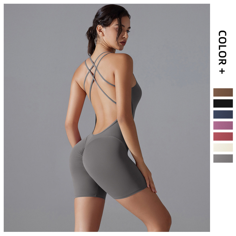 Cross-border European and American Pleated Hip Lifting Sports Tight Shorts Jumpsuit Cross-back Solid Color Running Fitness Jumpsuit Cross-border European and American Pleated Hip Lifting Sports Tight Shorts Jumpsuit Cross-back Solid Color Running Fitness Jumpsuit