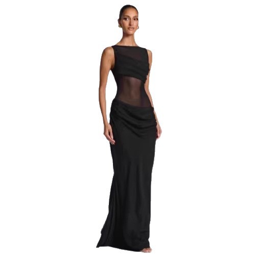 Women's Solid Color Patchwork Slim Fit Dress - Sheer Draped Evening Gown For Sophisticated Style_ecoleips.com