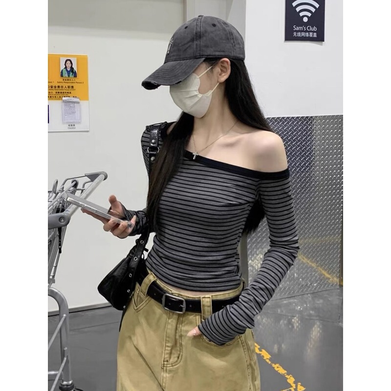 粉色条纹斜肩长袖T恤女装秋季纯欲风收腰修身紧身短款小个子上衣|undefined