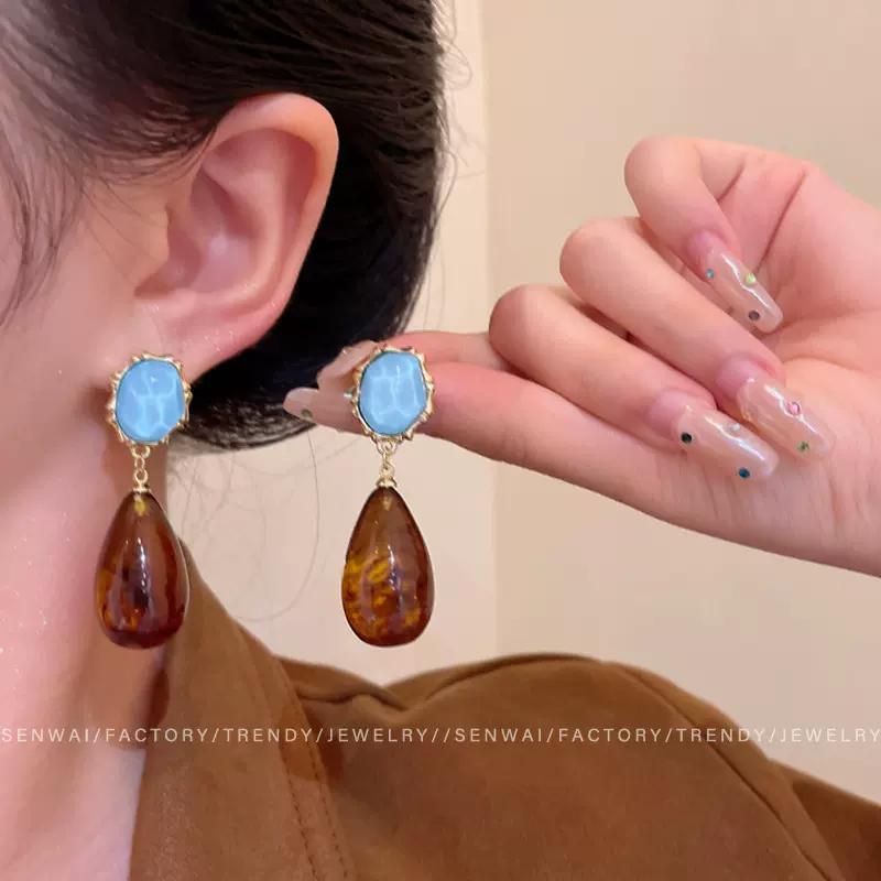 新中式蓝石琥珀色水滴耳环女复古小众中古耳钉轻奢高级感气质耳饰