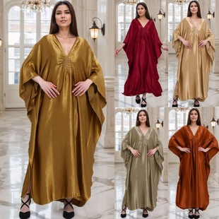 Golden Luxury Beach Cover-Up with Braided Front, Vacation Robe, Loose Plus-Size Turkish Kaftan, Cross-Border