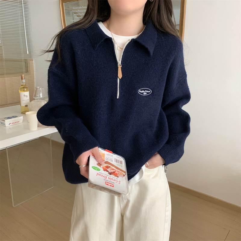 Soft and Waxy Polo Lapel Japanese Style Preppy Style Top for Women Autumn and Winter New Outer Long-Sleeved Half-Zip Sweatshirt Knitwear