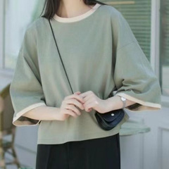 2025新款夏季棉质短袖T恤女宽松显瘦胖妹妹休闲7分袖五分袖上衣潮
